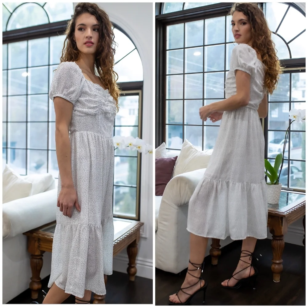 FEW LEFT❗️SUGAR+LIPS Chic Off White Polka Dot Midi Dress - Picture 1 of 5